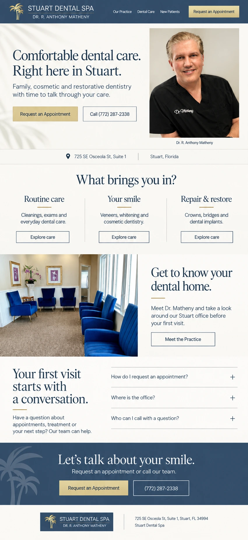 Proposed Stuart Dental Spa homepage with its palm-tree logo, doctor portrait and appointment options