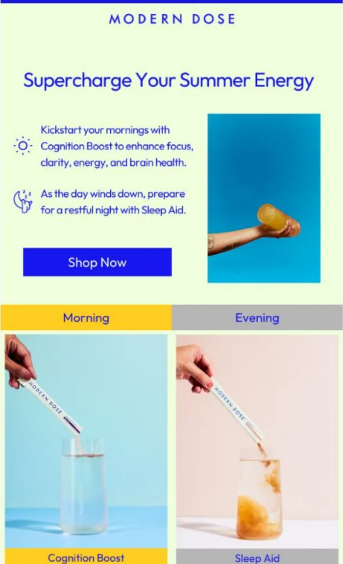 Modern Dose email design with blue type, a lime background and morning and evening product imagery.