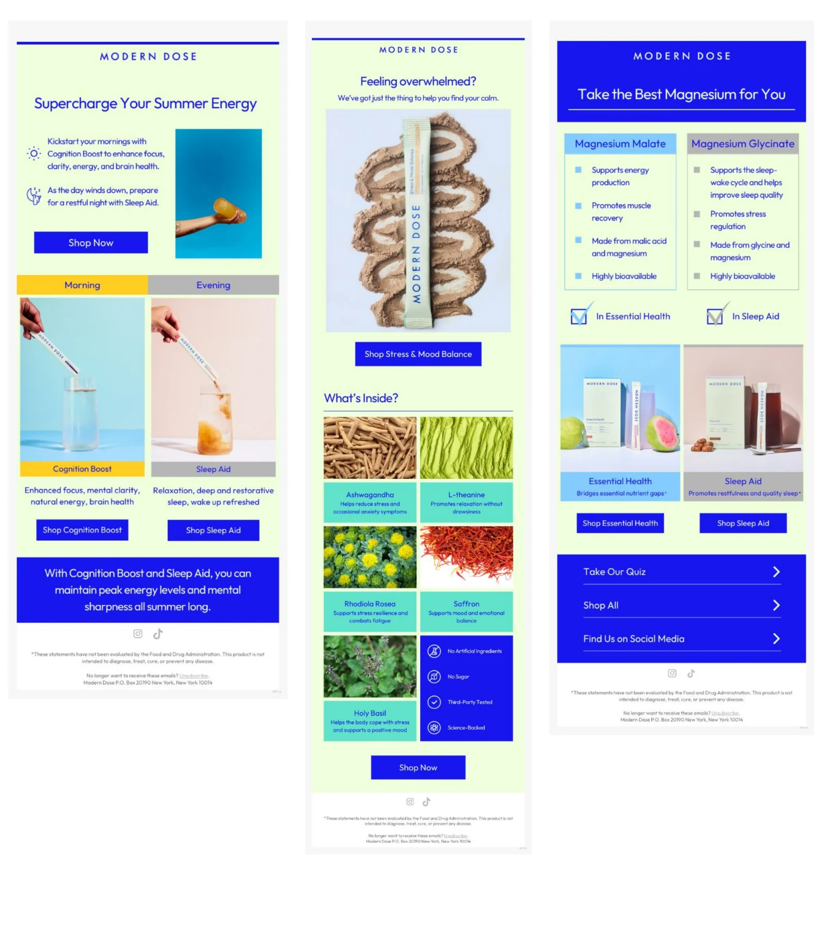 Modern Dose email design examples in pale green and blue