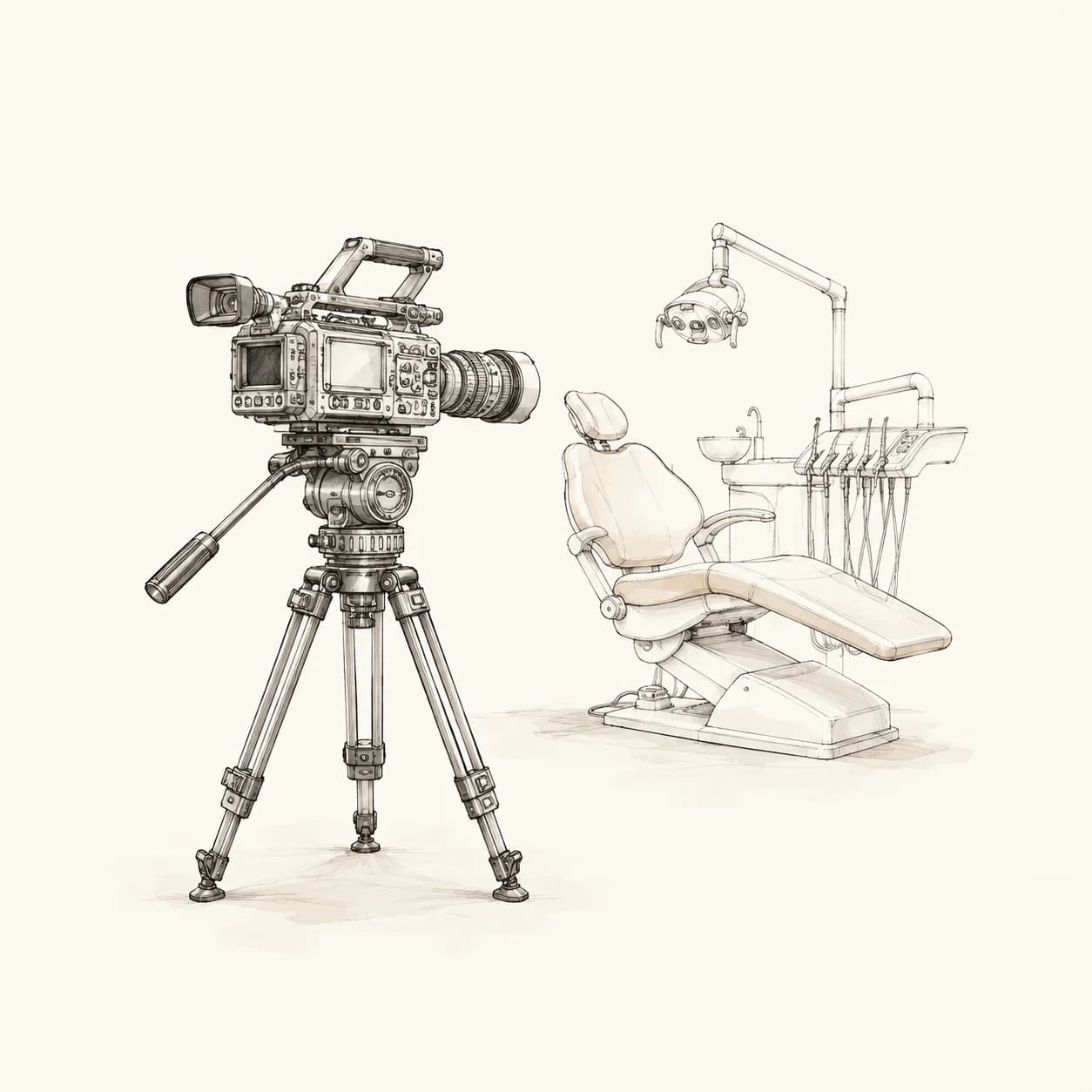 Line illustration of a camera filming inside a dental practice